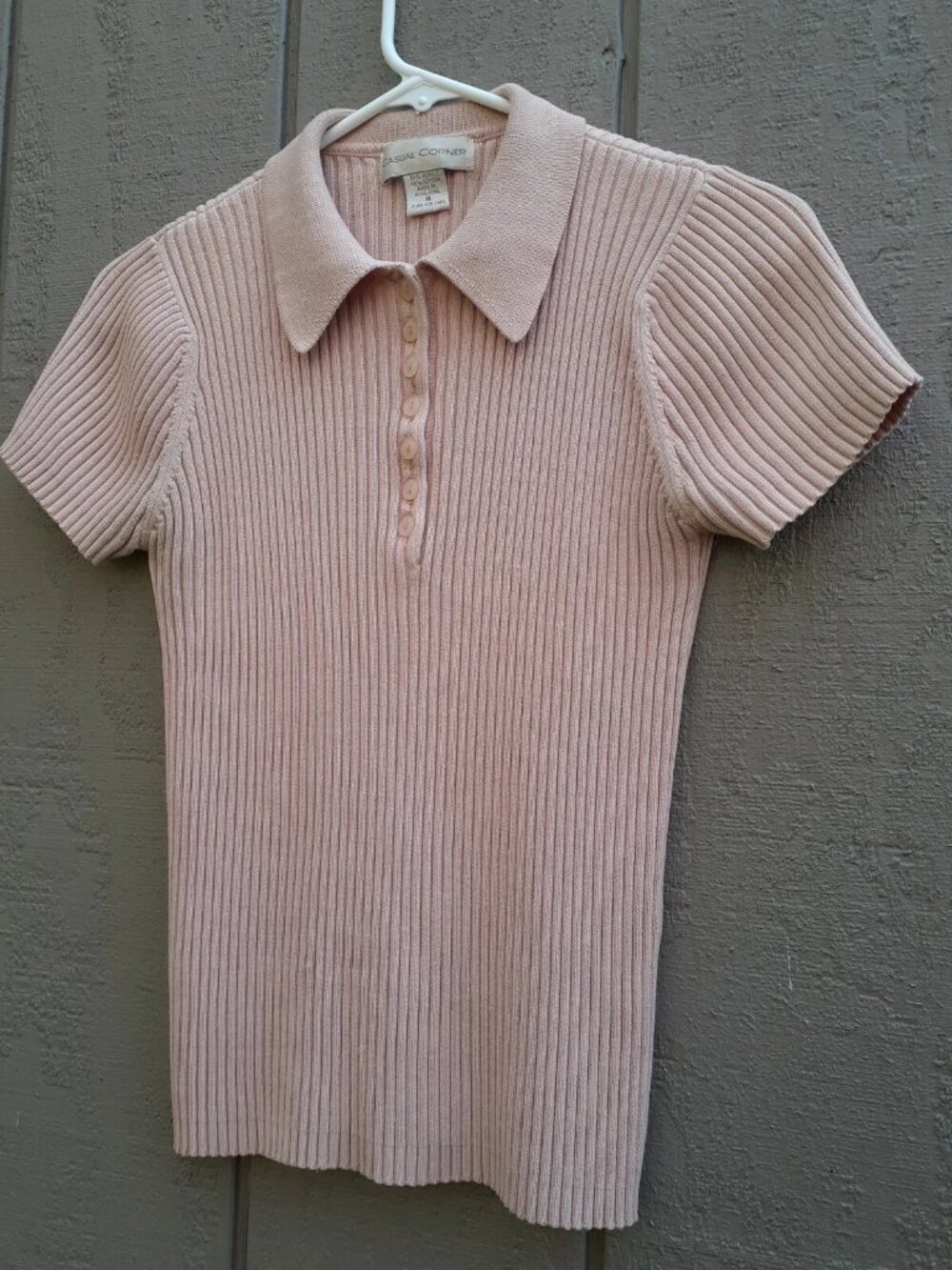 Vtg 90s Casual Corner Ribbed Button Top Pale Pink Stretchy Sexy Sweater Polo S/M - Picture 2 of 13